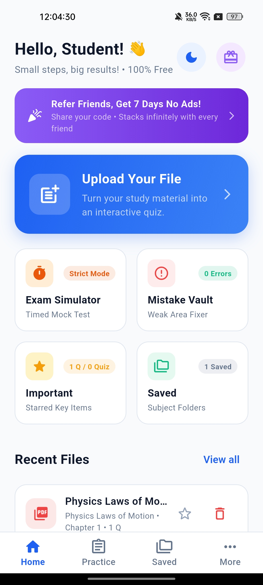 Home Dashboard: Quick Action Hub, Exam Simulator, Mistake Vault & Recent Files