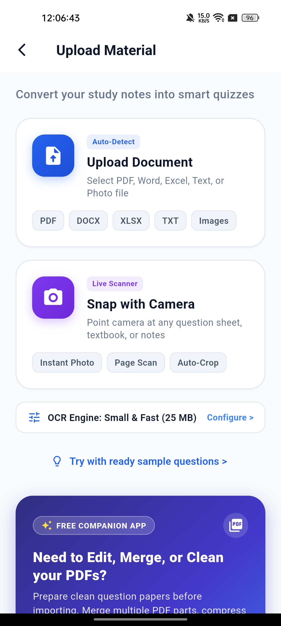 Upload Material: PDF, DOCX, XLSX, TXT & Camera Scanner with Sample Sets