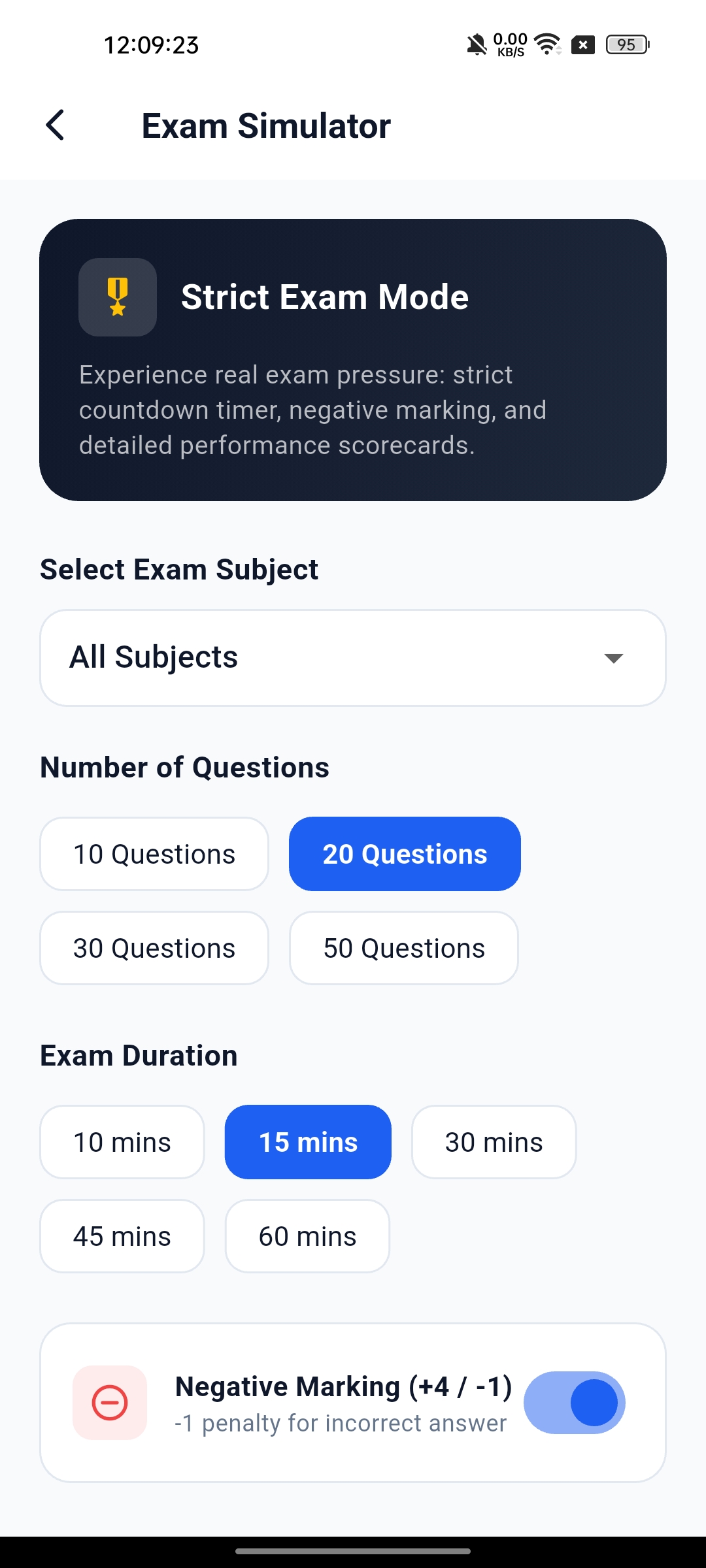 Exam Simulator: Strict Test Mode, Configurable Timers & Negative Marking